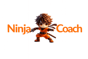 Orange Ninja Coach character with sword drawn between the words Ninja and Coach representing leadership, discipline and business guidance.